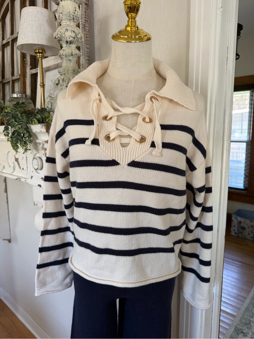 Cream and Navy Striped Lace-Up Collar Sweater